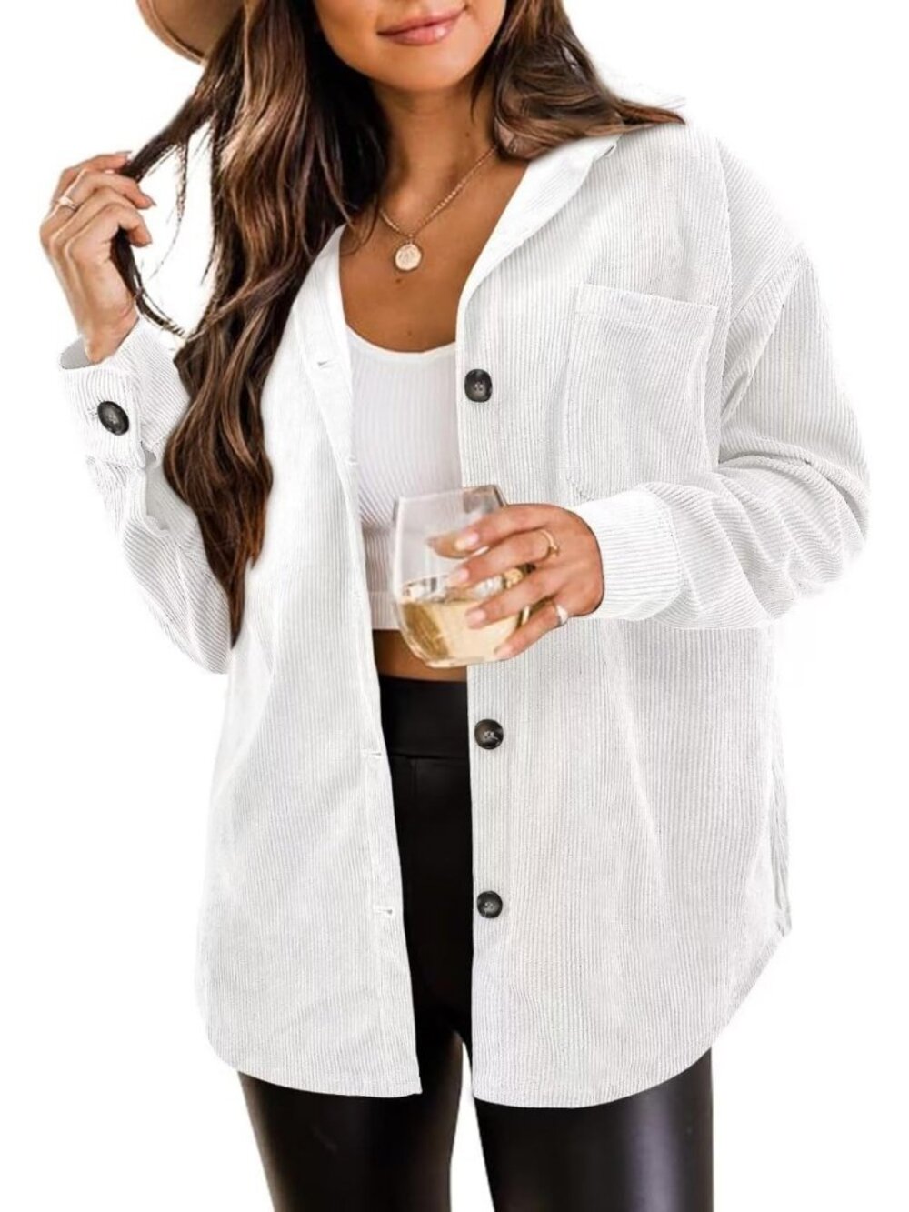 Women's White Oversized Corduroy Long Sleeve Button-down Utility Shacket Jacket